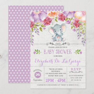 Purple Floral Elephant Baby Girl Douche Invitation