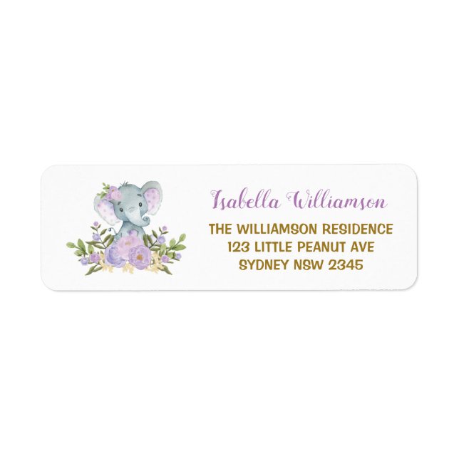 Purple Floral Elephant Baby Shower Address Label (Front)