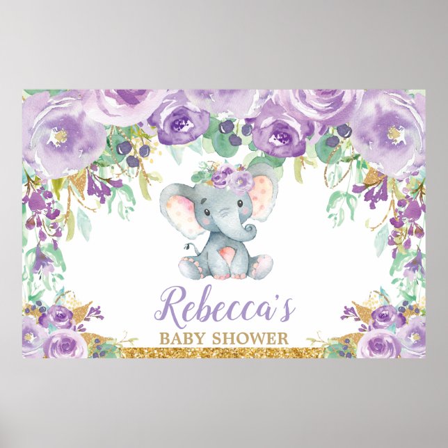 Purple Floral Elephant Baby Shower Backdrop Poster (Front)
