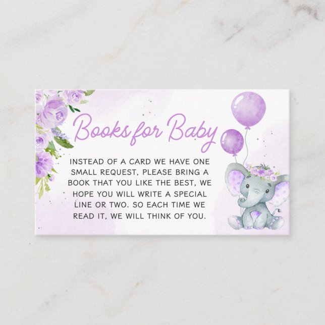 Purple Floral Elephant Baby Shower Books for Baby Enclosure Card (Front)