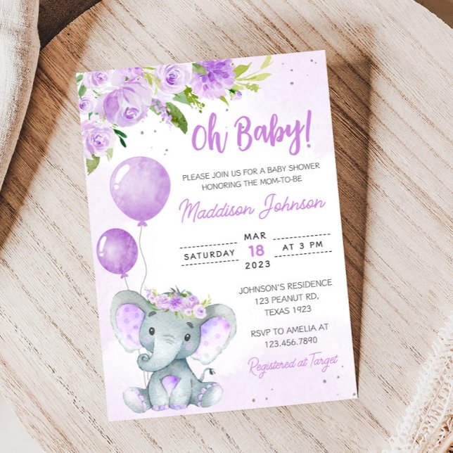 Purple Floral Elephant Baby Shower Invitation (Purple Floral Elephant Balloon Baby Shower Invitation
)