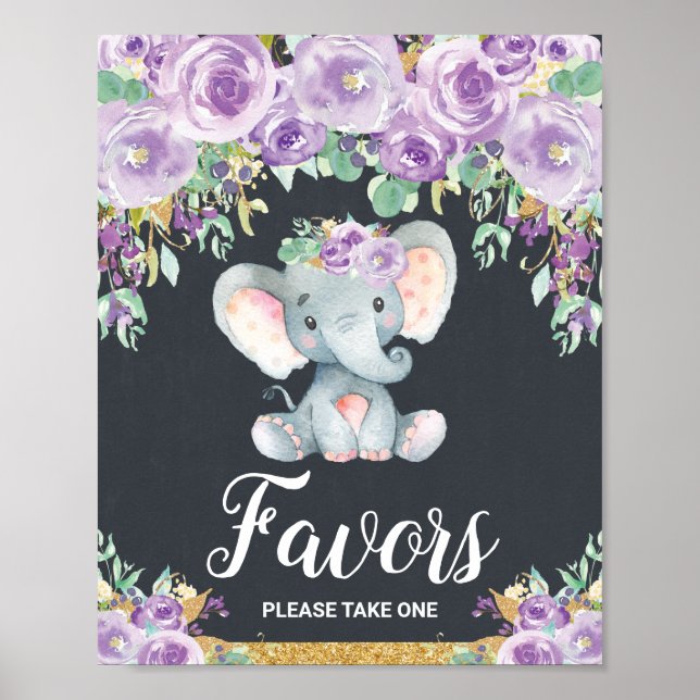Purple Floral Elephant Baby Shower Party Favors Poster (Front)