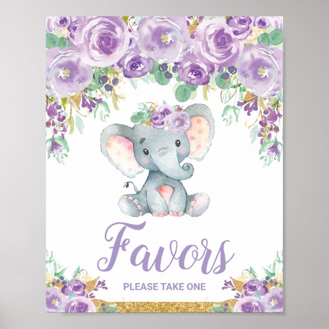 Purple Floral Elephant Baby Shower Party Favors Poster (Front)