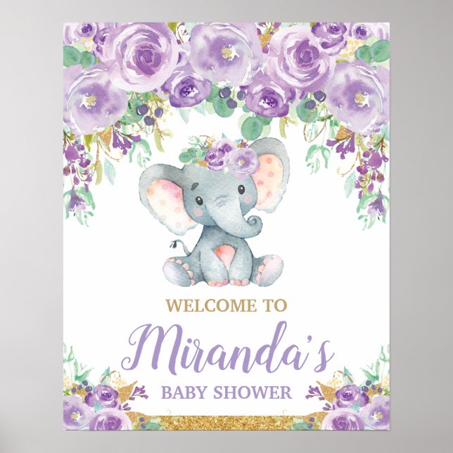 Purple Floral Elephant Baby Shower Welcome Poster (Front)