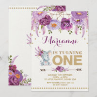 Purple Floral Elephant Boho Birthday Invitation