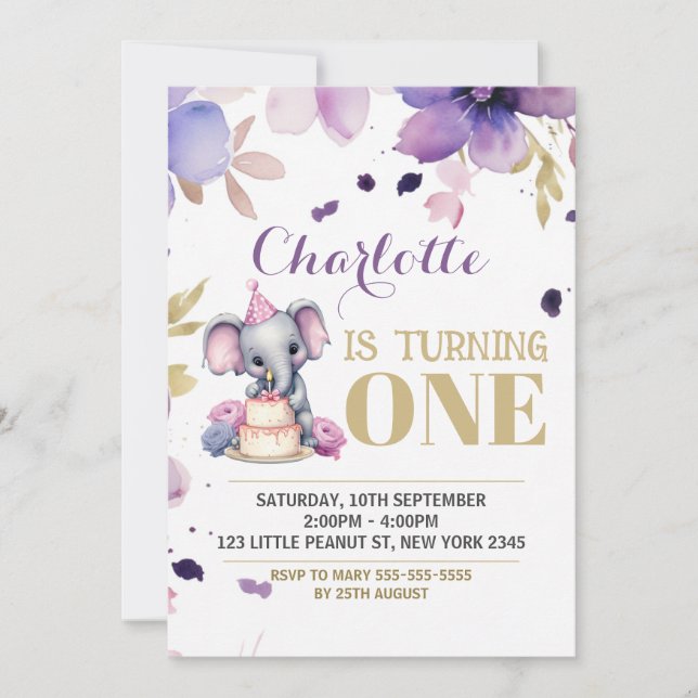 Purple Floral Elephant Boho Birthday Invitation (Front)