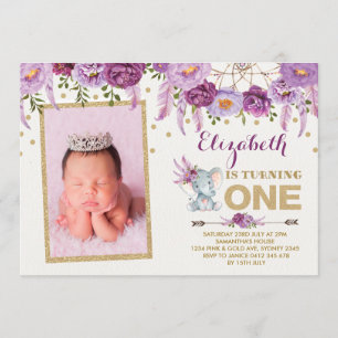 Purple Floral Elephant First 1st Birthday Invite