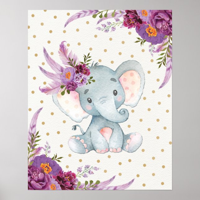 Purple Floral Elephant Nursery Art Boho Decor Sign (Front)