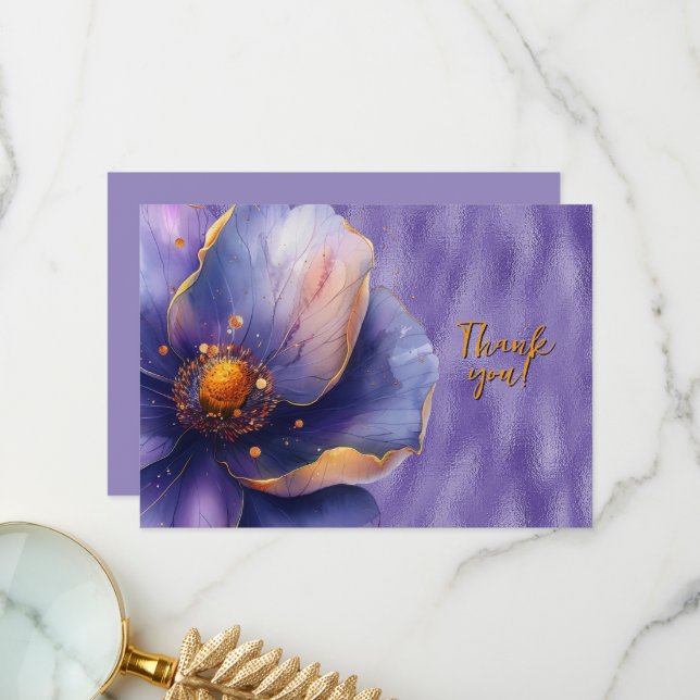 Purple Floral Enlarged on Shiny Purple Thank You (Front/Back In Situ)