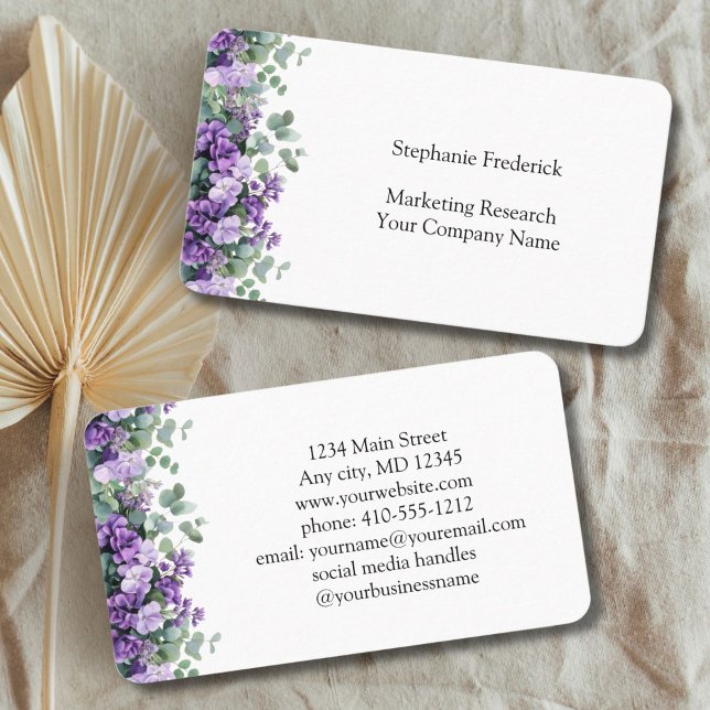 Purple Floral Eucalyptus Feminine Business Card (Purple Eucalyptus Floral Business card for her. Hairstylist, Florist, Event Planner, Nail Salon)