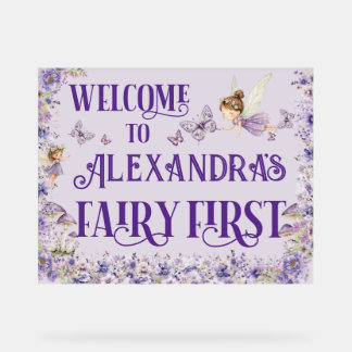 Purple Floral Fairy First 11x14 Birthday Welcome Acrylic Sign