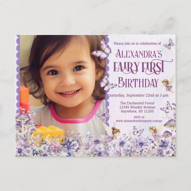 Purple Floral Fairy First Photo Birthday Invitation Postcard (Front)