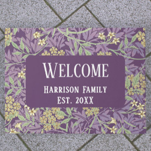 Purple Floral Family Name Established Welcome Doormat