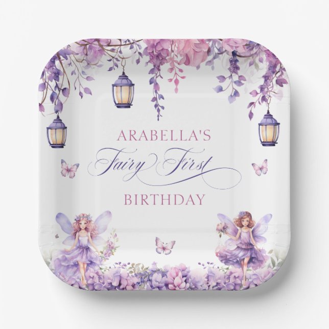 Purple Floral Fantasy Fairy First Birthday Paper Plate (Front)