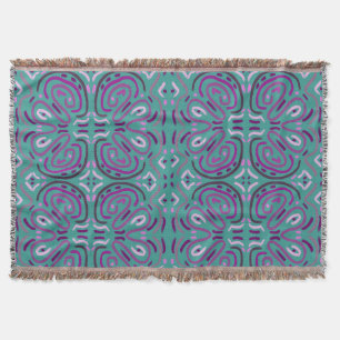 Purple Floral Feminine Flower Pattern on Turquoise Throw Blanket