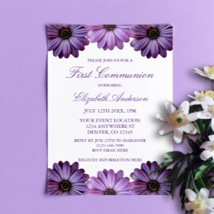 Purple Floral First Communion Invitation