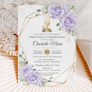 Purple Floral First Holy Communion Gold Chalice Invitation