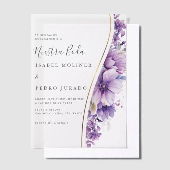 Purple Floral Foliage Nuestra Boda Spanish Wedding Vellum Invitations (Offset)