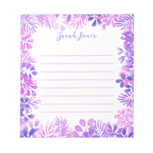 Purple Floral Foliage Watercolor Leaves Lined Notepad