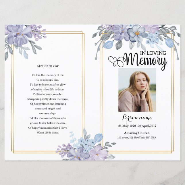 Purple  floral  Funeral Program template (Front)