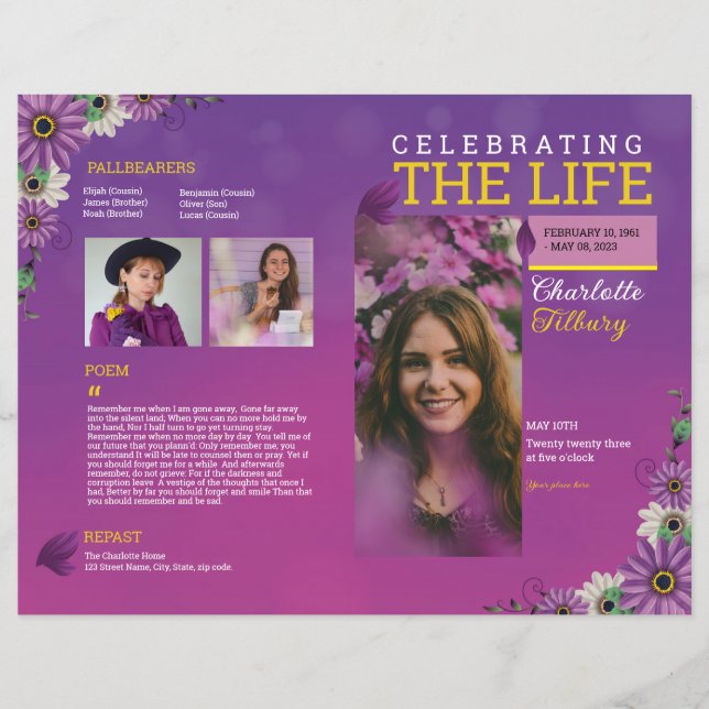 Purple Floral Funeral Program Template (Front)
