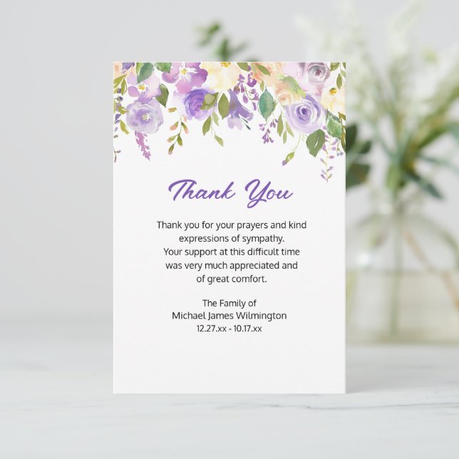 Purple Floral Funeral Thank You Card (Standing Front)