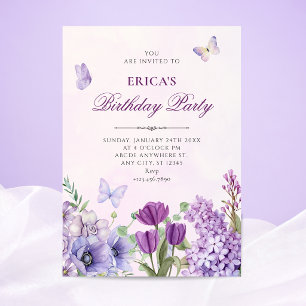 Purple floral garden birthday invitation