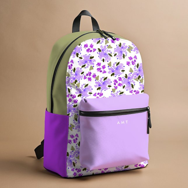 Purple Floral Garden Personalized Name Initial Printed Backpack (Purple and green watercolor Floral Garden personalized school backpack.)