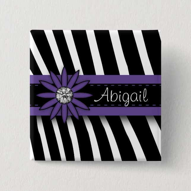 Purple Floral Gem & Zebra Pattern 2 Inch Square Button (Front)