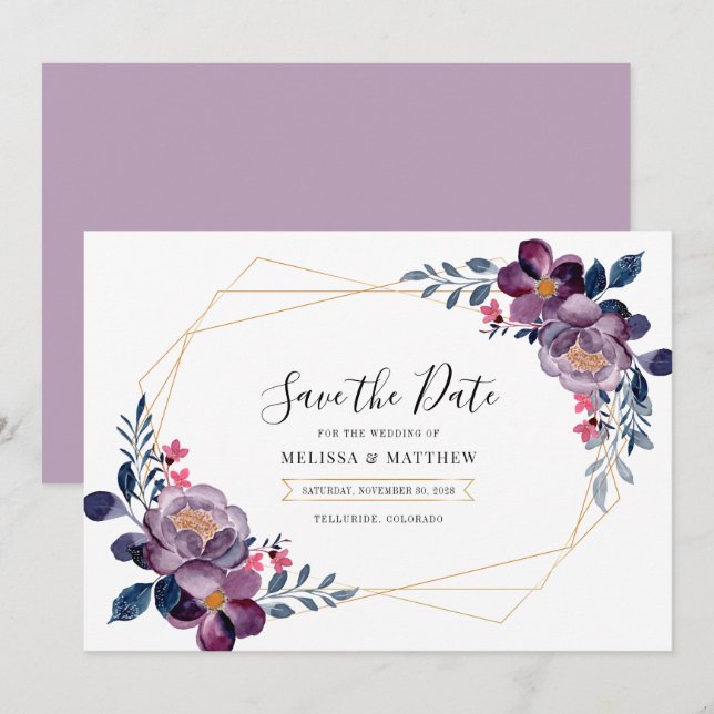 Purple Floral Geometric Botanical Wedding Save The Date (Front/Back)