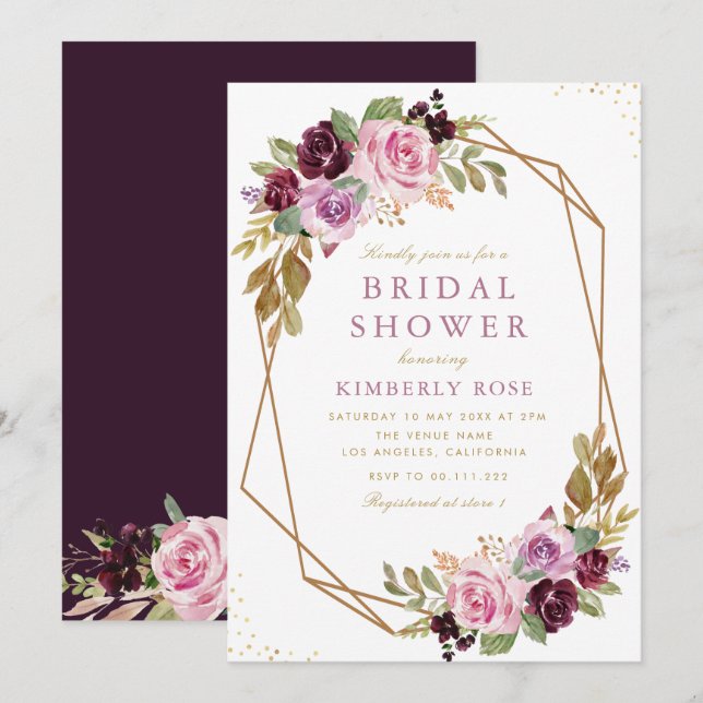 purple floral geometric bridal shower invitation (Front/Back)
