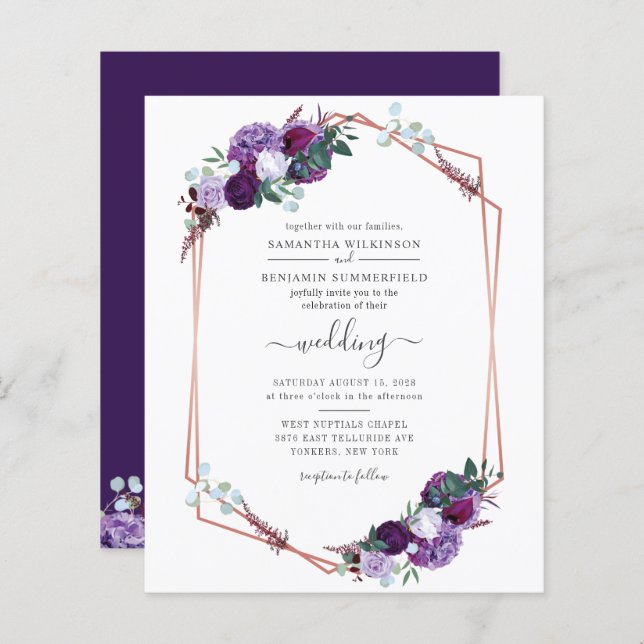 Purple Floral Geometric Frame Wedding Invitation (Front/Back)