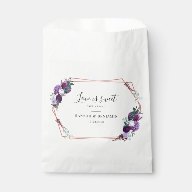 Purple Floral Geometric Frame Wedding Reception Favour Bag (Front)