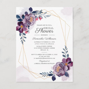 Purple Floral Geometric Script Bridal Shower Invitation Postcard