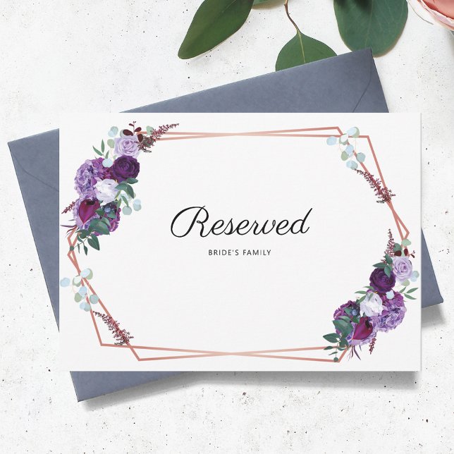 Purple Floral Geometric Wedding Reserved Sign (Purple Floral Geometric Reserved Bride Family Card)