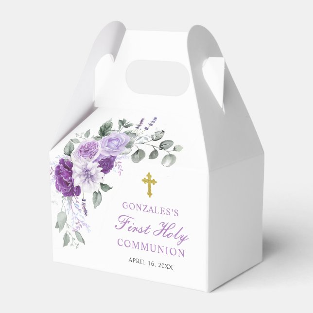 Purple Floral Girl First Holy Communion Favor Box (Front Side)