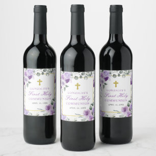 Purple Floral Girl First Holy Communion Wine Label