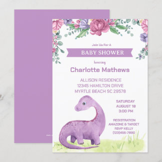 Purple Floral Girls Dinosaur Baby Shower  Invitation