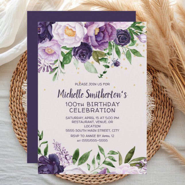 Purple Floral Glitter 100th Birthday Invitation (Purple watercolor floral women's 100th birthday party invitation)