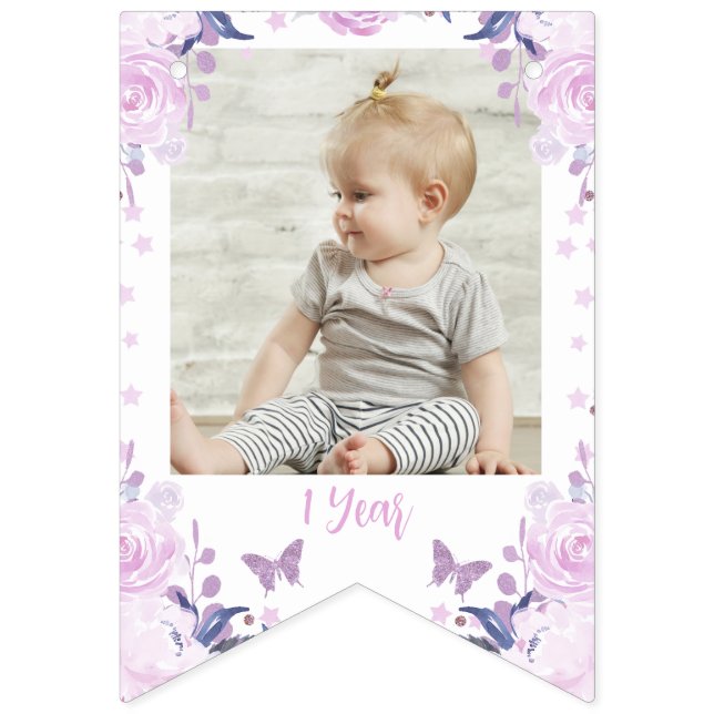 Purple Floral Glitter Butterfly Monthly Banner (Fifteenth Flag)