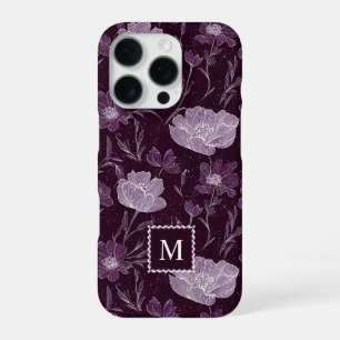 Purple Floral Glitter Pattern Monogram iPhone 16 Pro Case