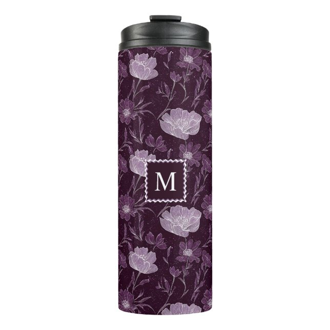 Purple Floral Glitter Pattern Monogram Thermal Tumbler (Front)