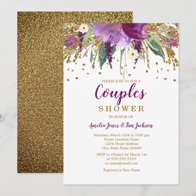 Purple Floral Glitter Sparkling Couples Shower Invitation (Front/Back)