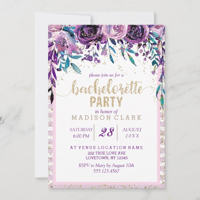 Purple Floral & Gold Bachelorette Party Invitation (Front)