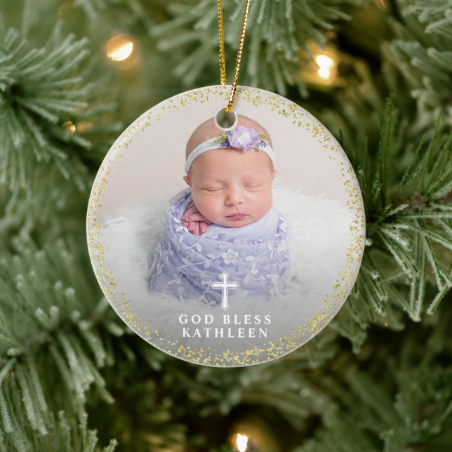  Purple Floral Gold Baptism Custom Photo Religious Ceramic Ornament (Tree)