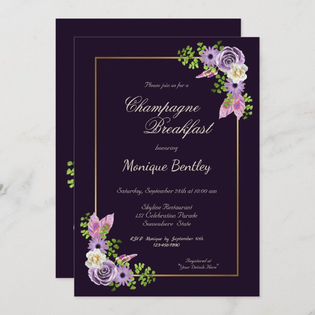 Purple Floral Gold Border Champagne Breakfast Invitation (Front/Back)