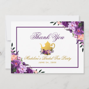 Purple Floral Gold Bridal Tea Party Thank You P Card