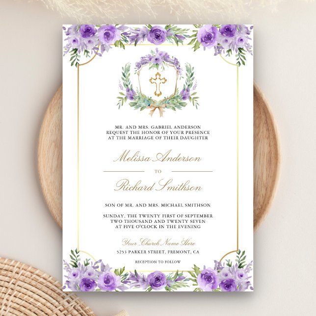 Purple Floral Gold Catholic Cross QR Code Wedding Invitation (Creator Uploaded)