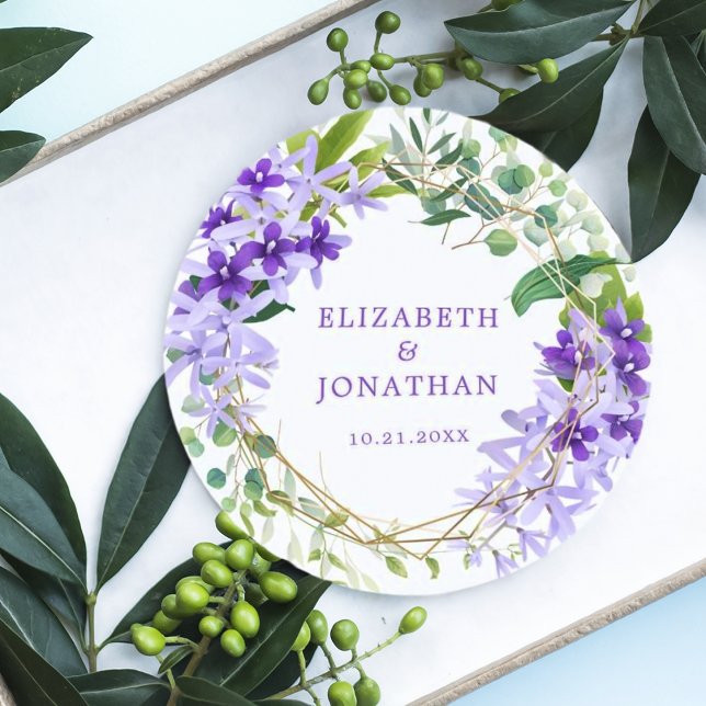 Purple Floral Gold Frame Wedding  Round Paper Coaster (Creator Uploaded)