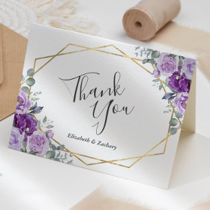 Purple Floral Gold Frame White Wedding Thank You Card